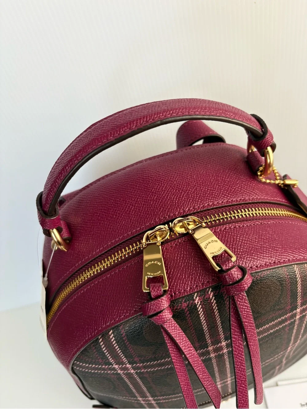 Coach Jordyn Backpack  Signature Plaid Brown/Fuchsia MFSRP $428 NWT